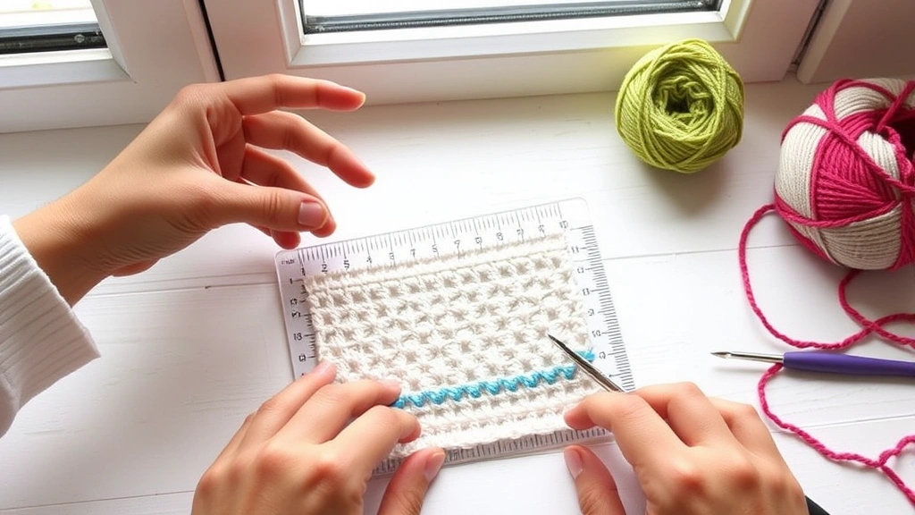 Hands measuring crochet gauge swatch with clear ruler, natural window light, white wooden table, colorful yarn and hook visible nearby