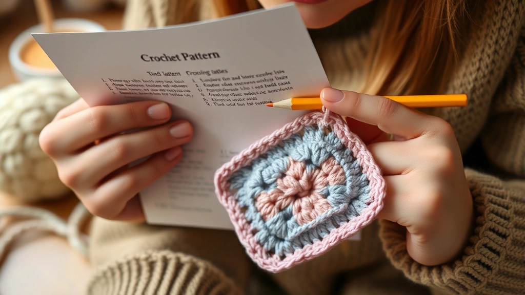 Close-up hands holding printed crochet pattern with pencil marking stitch counts, partially completed granny square in soft pastels, cozy crafting atmosphere, warm lighting