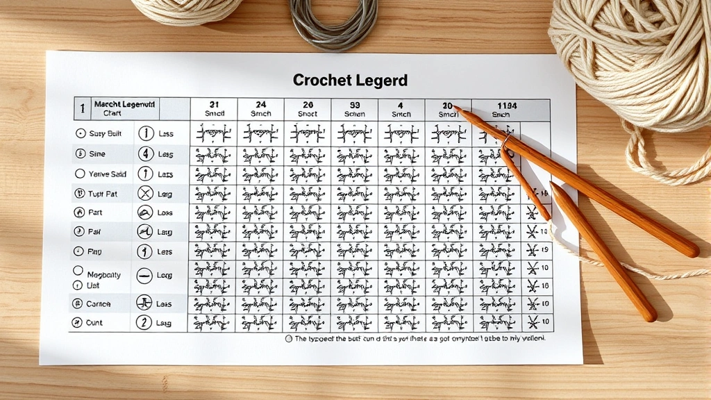 Overhead view of crochet chart legend with various stitch symbols clearly visible, hook and yarn beside chart, soft natural lighting, organized crafting workspace setup