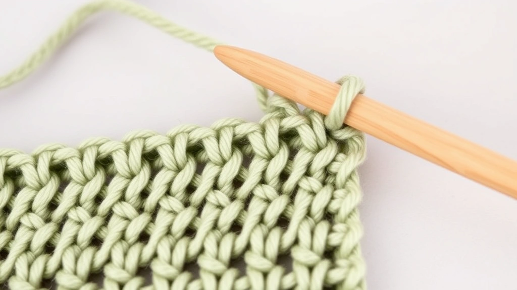 Close-up of gauge swatch in progress showing even single crochet stitches, sage green yarn, bamboo hook, soft natural lighting