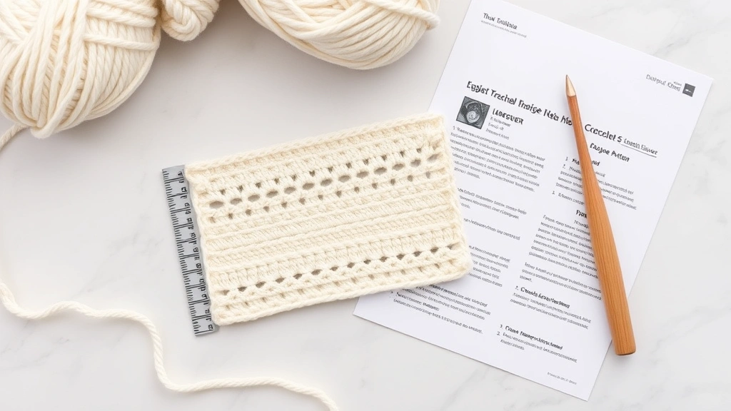 Flat lay of crochet gauge swatch in cream yarn next to ruler and pattern instructions, bamboo hook resting nearby, marble surface, professional crafting setup