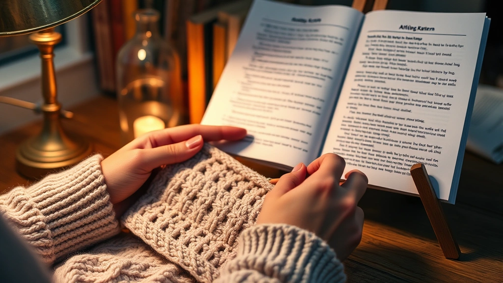 Crocheter's hands working from chart while creating textured stitch pattern, chart propped against book stand, warm lamp light, cozy evening crafting atmosphere established