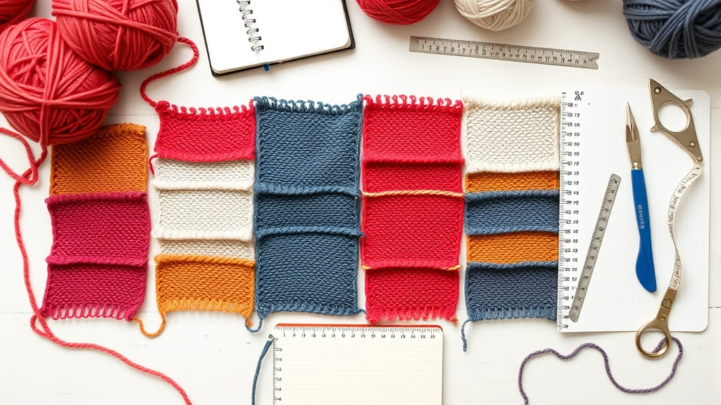 Flat lay of multiple gauge swatches in different yarn weights, measuring tools, notebook with notes, clean craft room setting