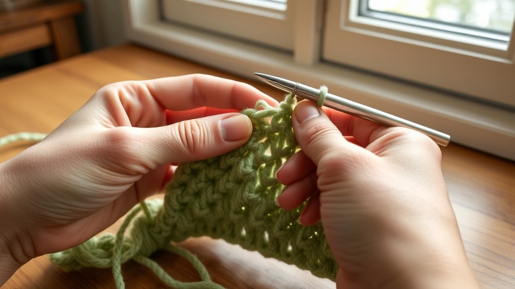 Close-up hands adjusting crochet tension while working sage green yarn, natural window lighting, wooden table, hook grip demonstration, relaxed finger position visible