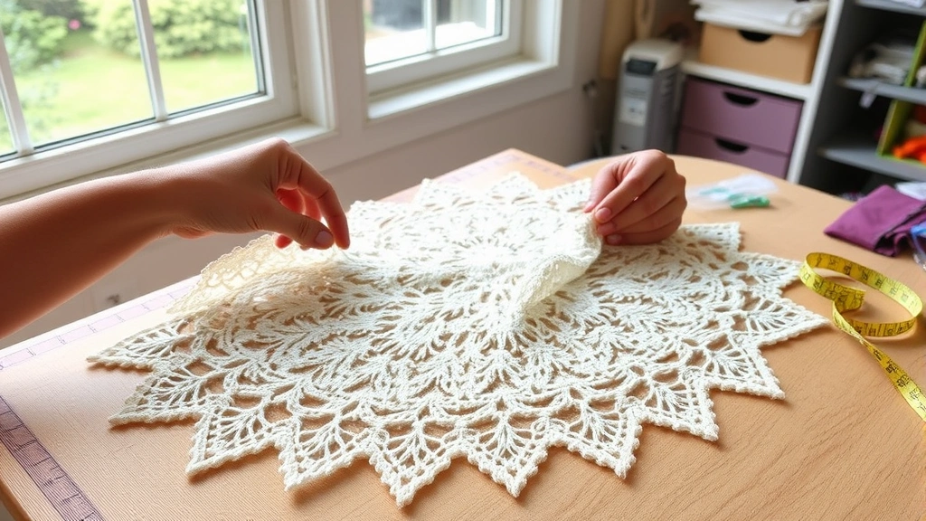 Hands pinning wet lace shawl to blocking mats, T-pins securing scalloped edges, natural window light, organized craft room setting, measuring tape visible nearby