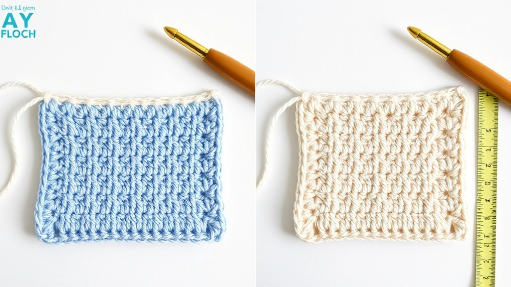 Crochet project with uneven edges next to corrected version, stitch markers visible, measuring tape alongside, bright craft room lighting, problem-solving comparison shot