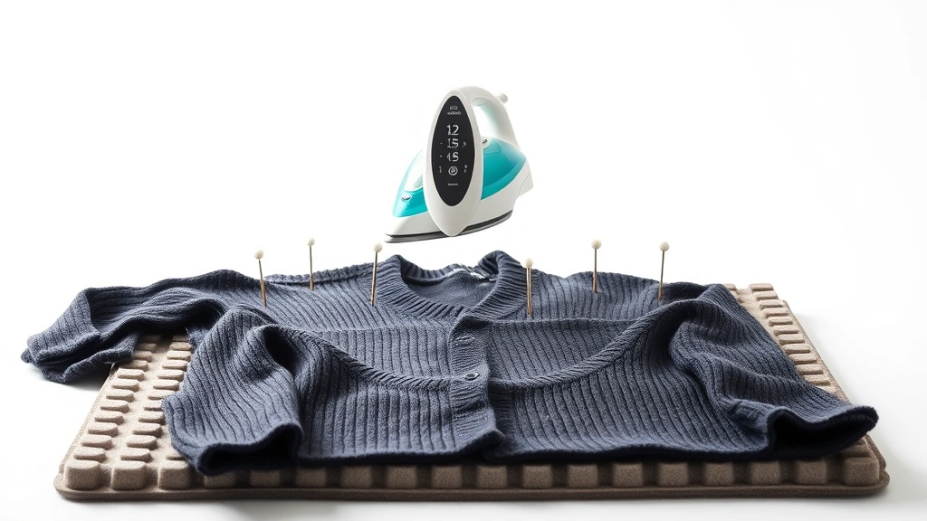 Steam iron hovering over pinned wool cardigan pieces on interlocking foam mats, gentle steam rising, clean white background, professional blocking setup displayed