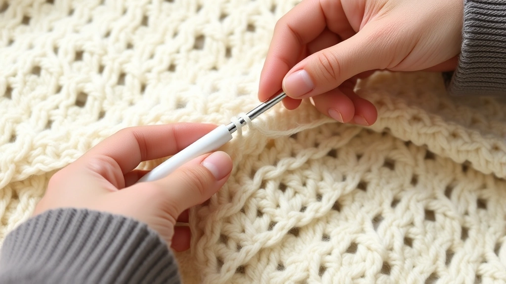 Hands fixing dropped stitch in cream colored blanket, smaller crochet hook in use, focused detail work, soft natural lighting, repair technique demonstration