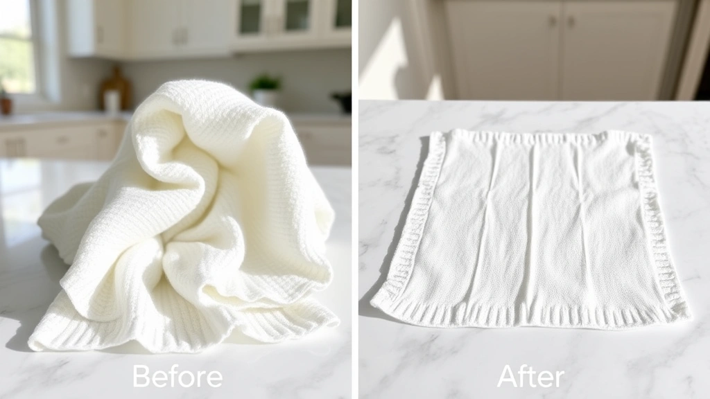 Before and after comparison of cotton dishcloths, one curled and uneven, one perfectly flat and square, bright kitchen lighting, marble countertop surface