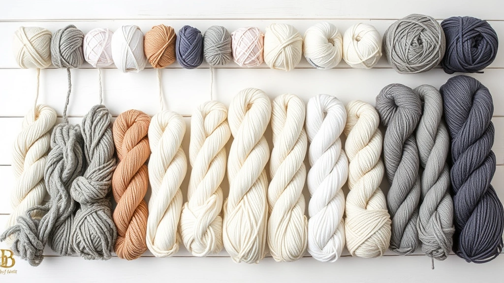 Organized display of yarn skeins in different weights from lace to jumbo, arranged by thickness on white wooden surface, soft natural lighting, clean minimal styling