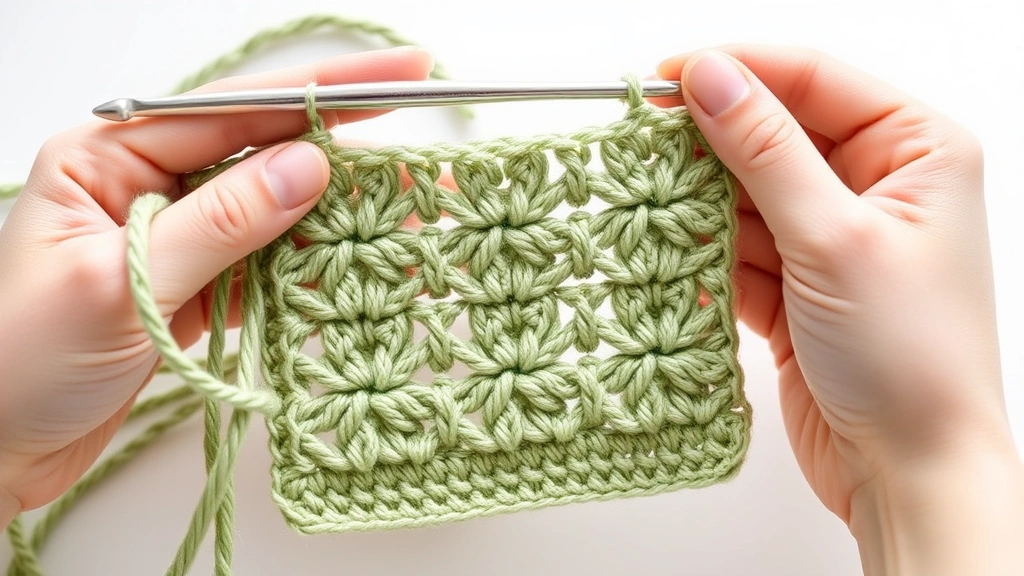 Close-up hands working corner-to-corner crochet with sage green worsted yarn, showing three double crochet blocks connected by chain spaces, natural window lighting, clean white background