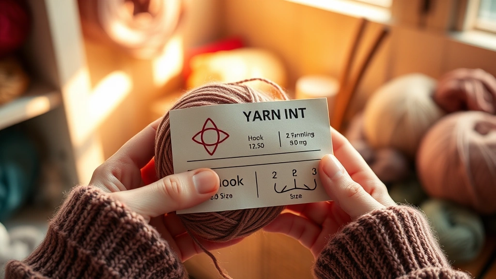 Close-up hands holding yarn label showing weight symbol and hook size recommendations, cozy crafting corner background, warm afternoon light, focus on label details