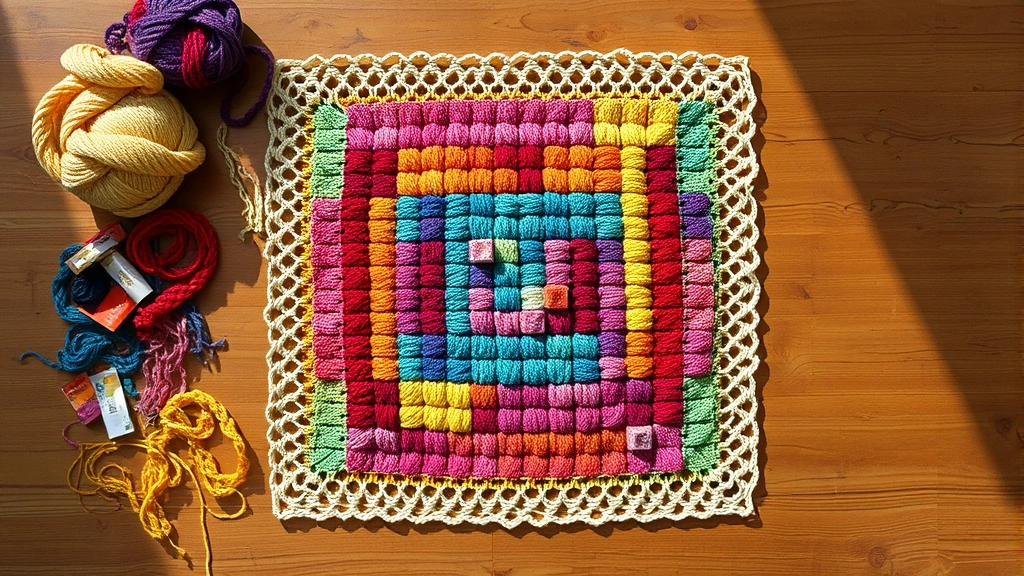 Overhead view of colorful graphgan in progress using C2C technique, multiple yarn colors arranged nearby, wooden table surface, blocks forming clear pixel pattern, bright natural light