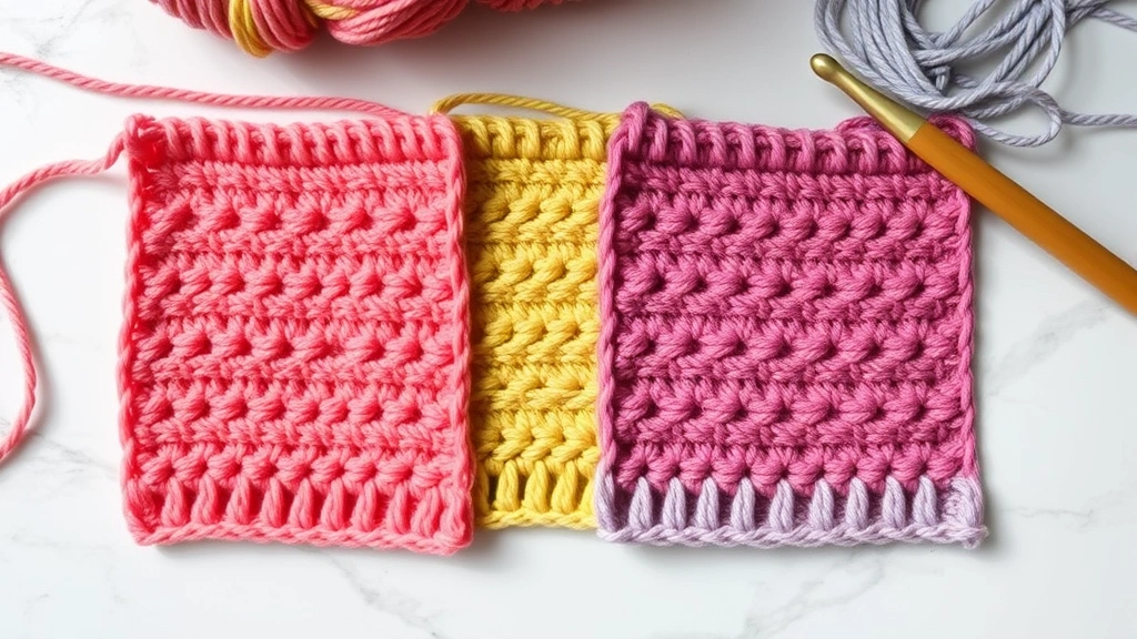 Comparison gauge swatches in same stitch pattern using different yarn weights, laid flat on marble surface, crochet hooks beside each swatch, bright even lighting