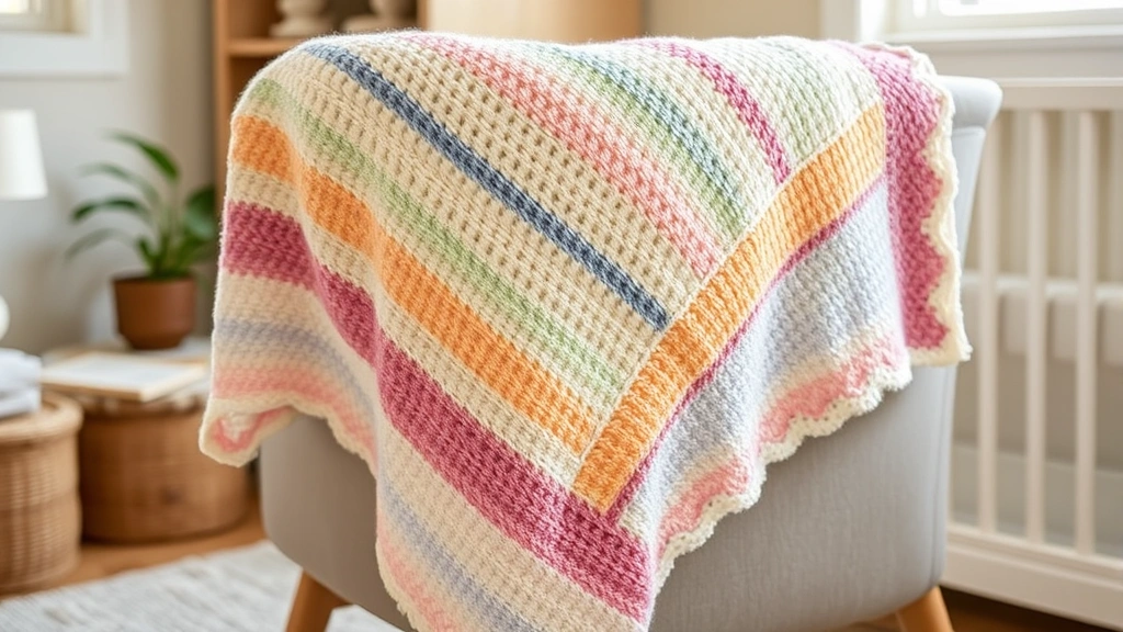 Side angle of completed C2C baby blanket in soft pastels, showing diagonal texture and drape over nursery chair, cozy home setting, warm afternoon lighting, no text visible