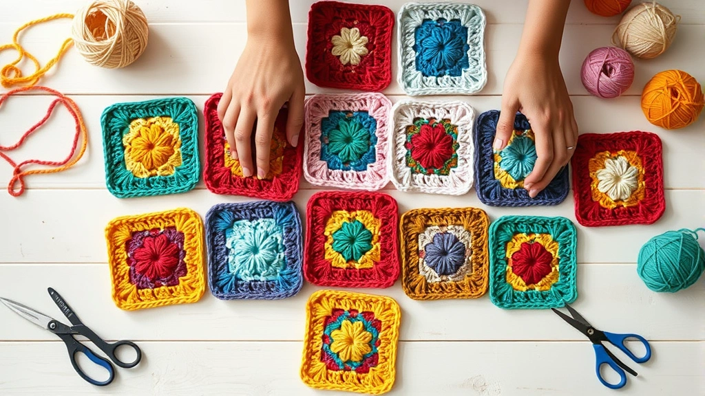 Overhead view of colorful granny squares arranged on white wooden table, hands positioning squares, natural daylight, craft scissors and yarn balls visible, cozy crafting workspace