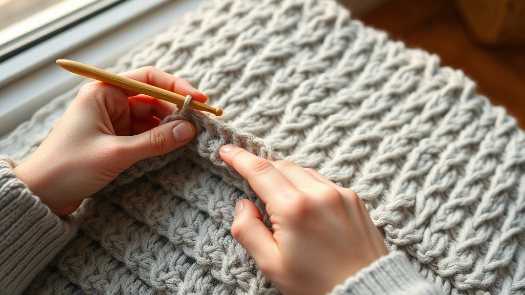 Close-up hands crocheting corner-to-corner blanket in soft gray yarn, bamboo hook visible, diagonal texture clearly shown, warm window lighting, partially completed rows