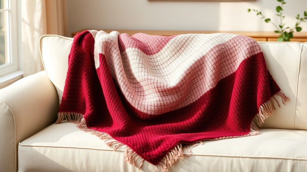 Finished throw blanket draped over cream sofa, rich burgundy and cream ripple pattern, soft afternoon light, cozy living room setting, inviting home atmosphere