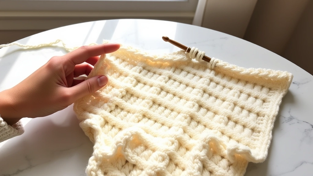 Hands crocheting worsted weight yarn in soft cream color, wooden crochet hook visible, partially completed blanket rows spread on white marble table, natural window lighting
