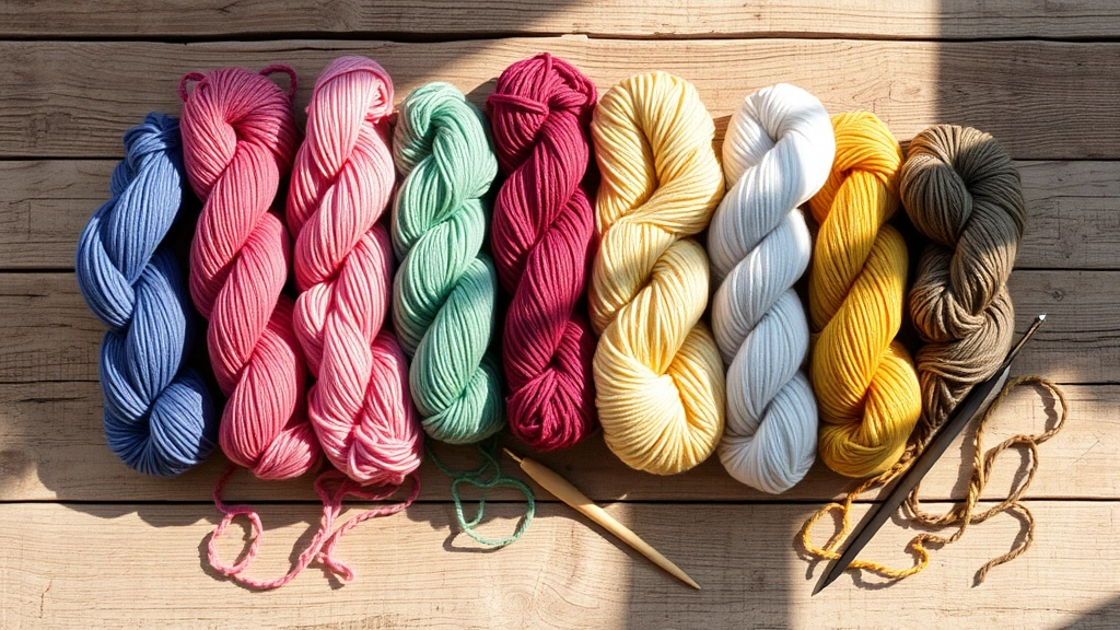 Collection of colorful yarn skeins arranged on rustic wood surface, various weights from DK to chunky, crochet hooks displayed alongside, soft morning light casting gentle shadows
