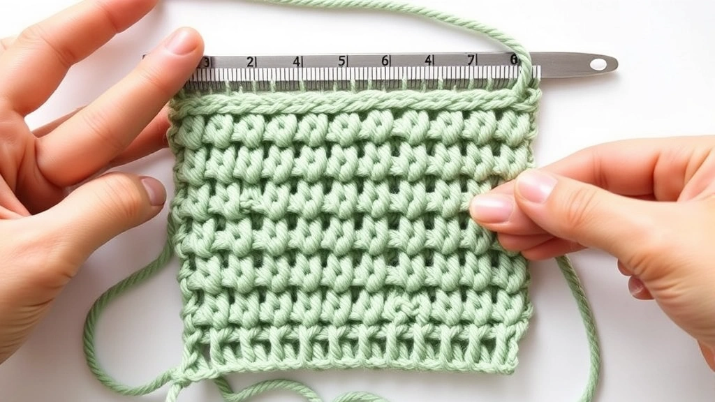 Close-up of gauge swatch being measured with ruler, single crochet stitches in sage green yarn, hands holding measuring tape, clean white background with natural lighting