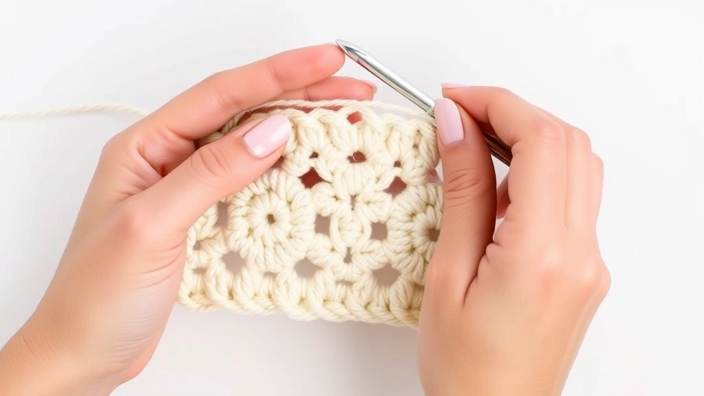 Close-up of hands using slip stitch method to join two cream granny squares, crochet hook visible, soft natural lighting, clean white background, precise stitching detail