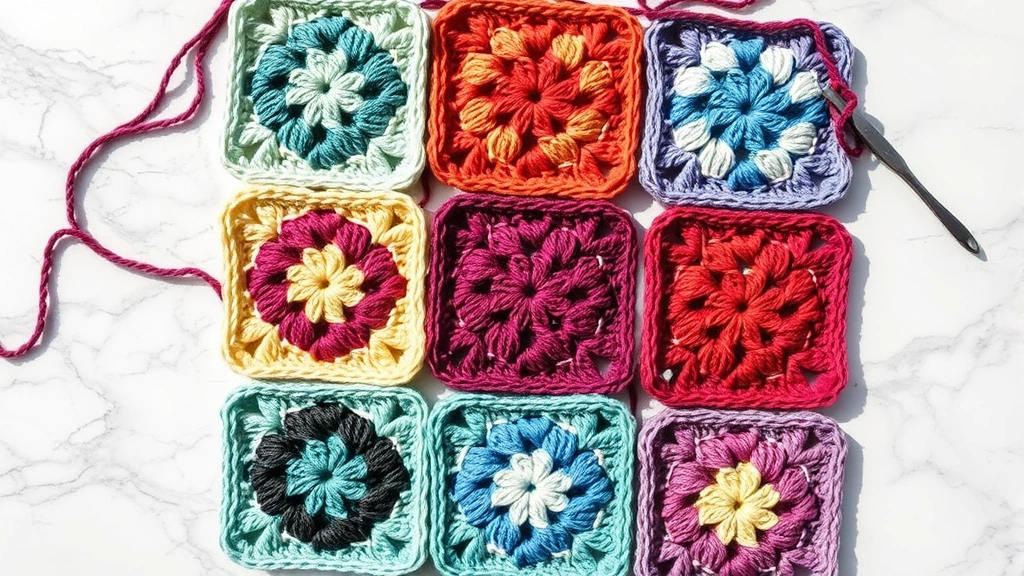 Overhead view of colorful granny squares arranged in grid pattern with single crochet joining in contrasting burgundy yarn, bright daylight, marble surface, work in progress