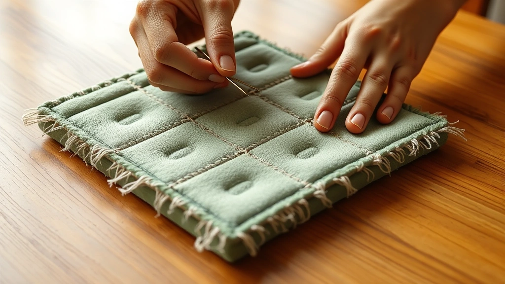 Side angle showing mattress stitch technique with tapestry needle joining sage green squares, hands positioning fabric, warm indoor lighting, wooden table surface, invisible seam forming